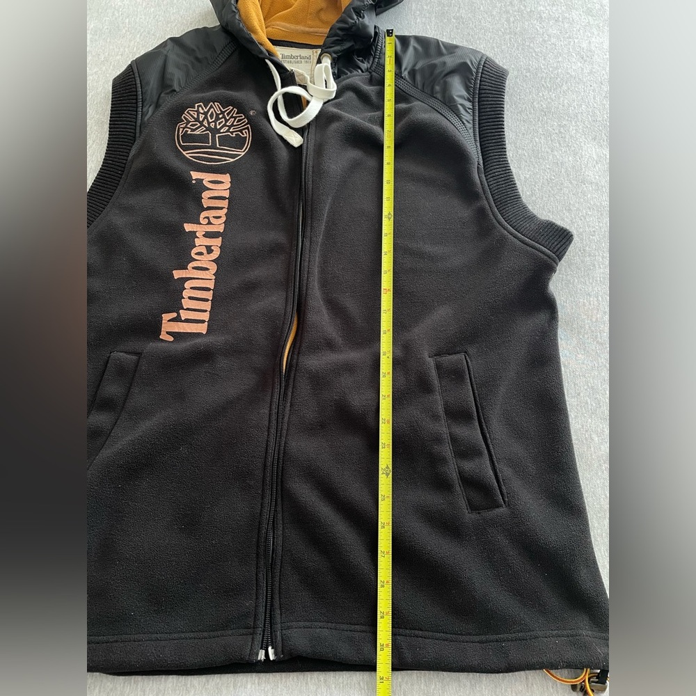 Timberland Men’s Size Large Black/Tan Hooded Vest Pockets Missing Zipper Pull - Picture 5 of 9